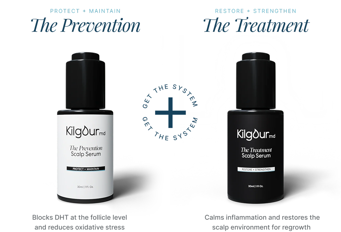 Front view of two KilgourMD scalp serums: The Prevention (white bottle) and The Treatment (black bottle) on white background