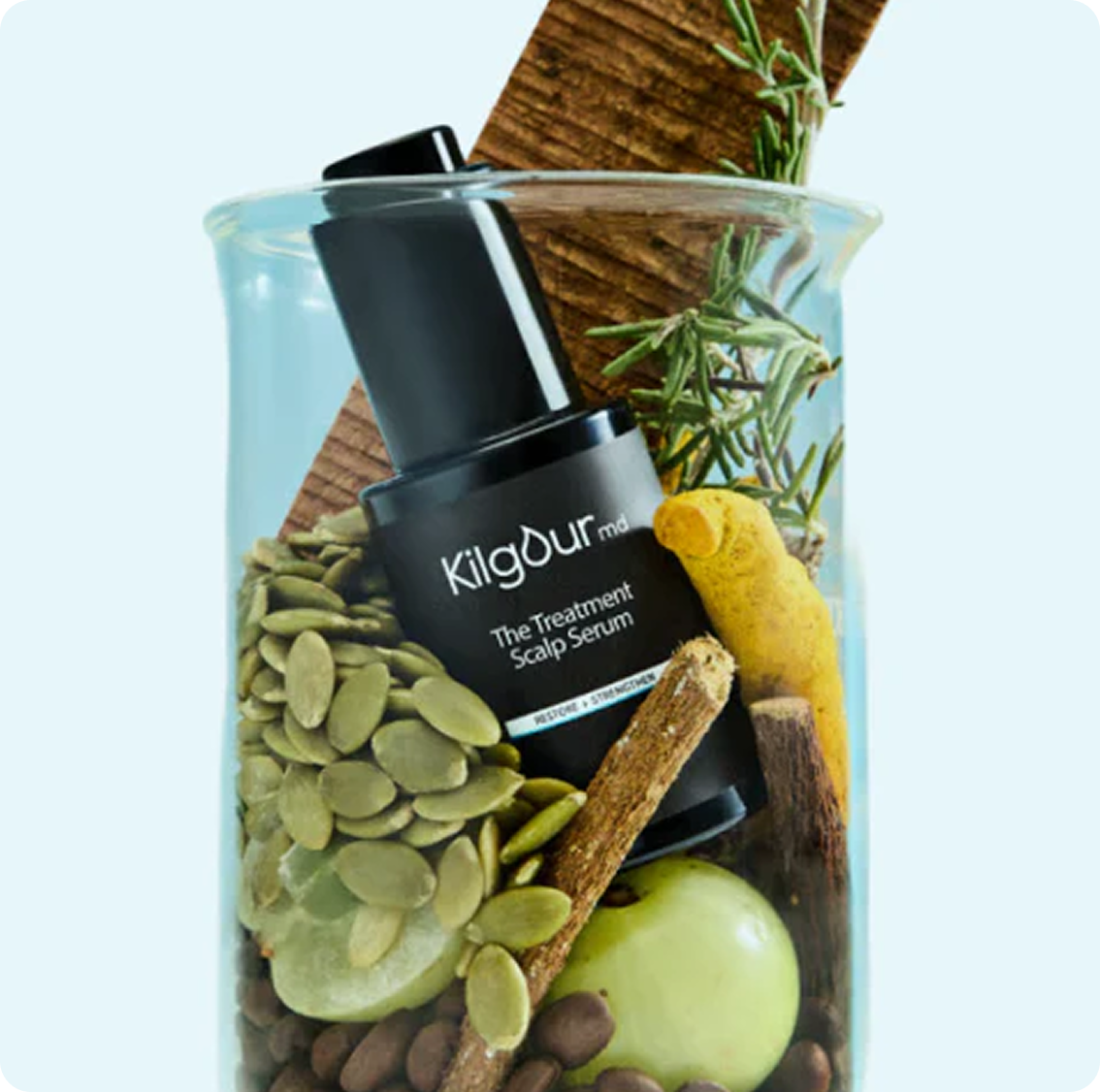 Front-angled view of Kilgour md Treatment Scalp Serum pump bottle in a beaker with botanical ingredients