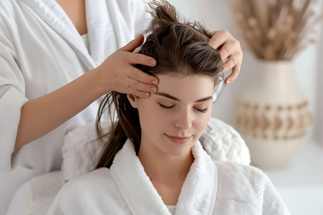 Woman receiving a relaxing scalp massage from a stylist in a bright spa setting