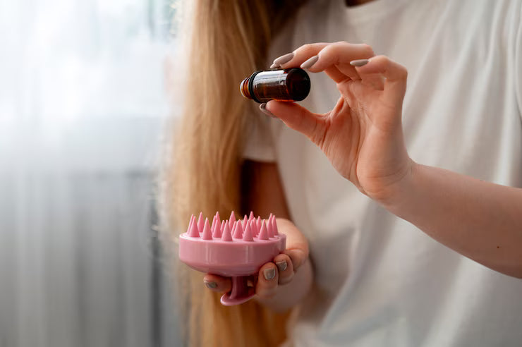 Hands holding pink silicone scalp massager and small amber serum bottle for scalp treatment