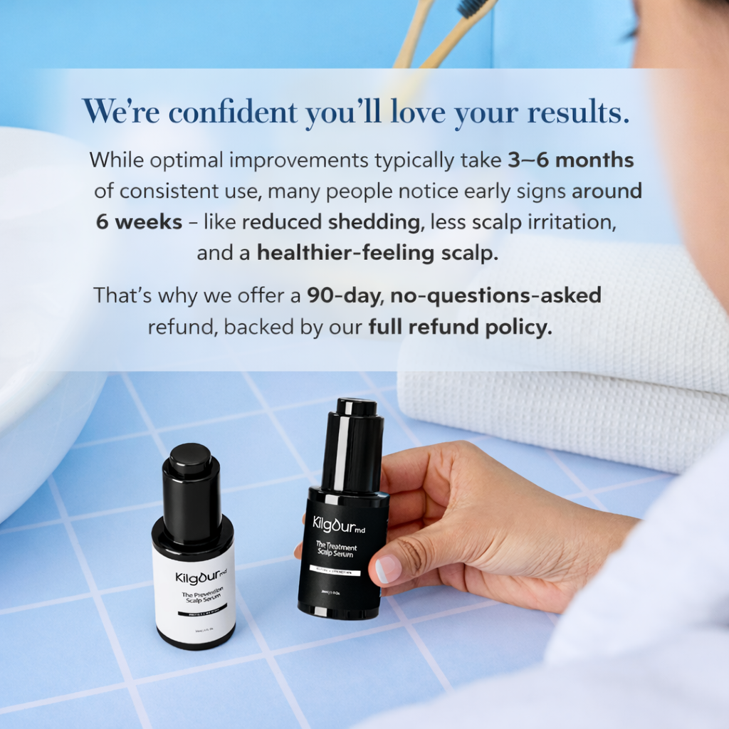 Hand holding the black Treatment scalp serum next to the white Prevention serum on a blue tiled surface; overlay text We’re confident you’ll love your results