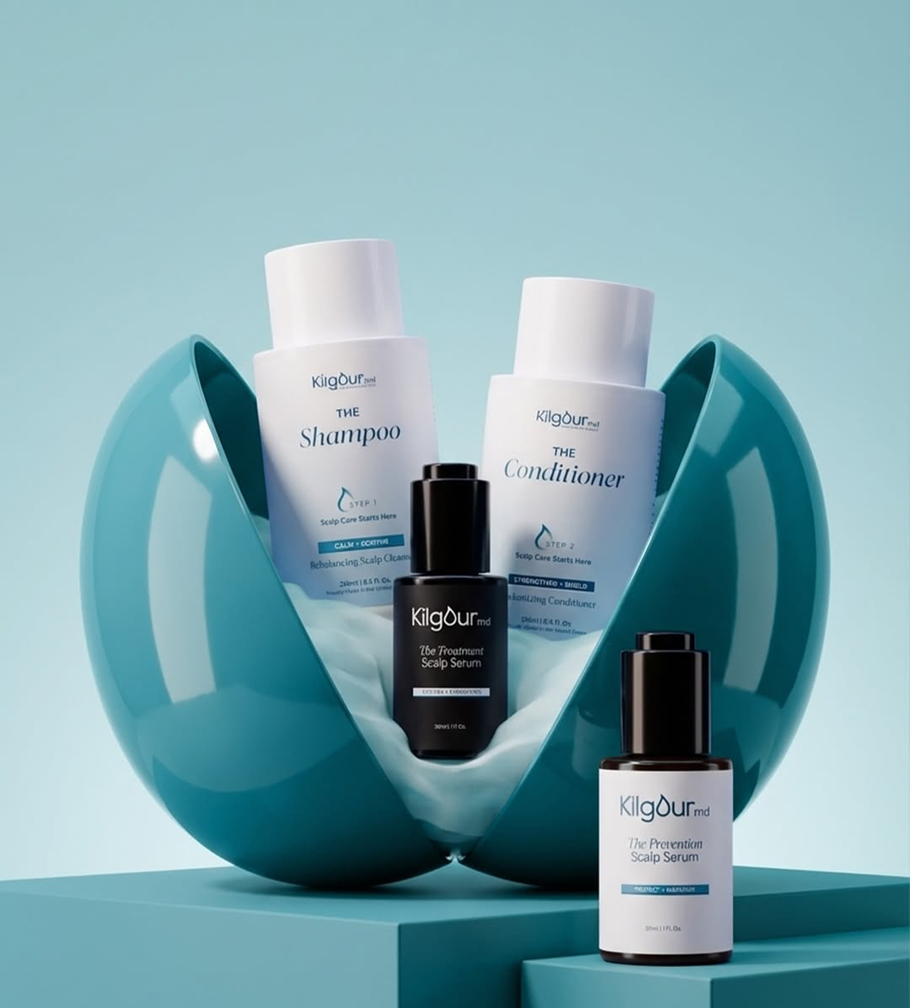 Front view of KilgourMD shampoo, conditioner, and scalp serums displayed in a teal pod on a light blue background