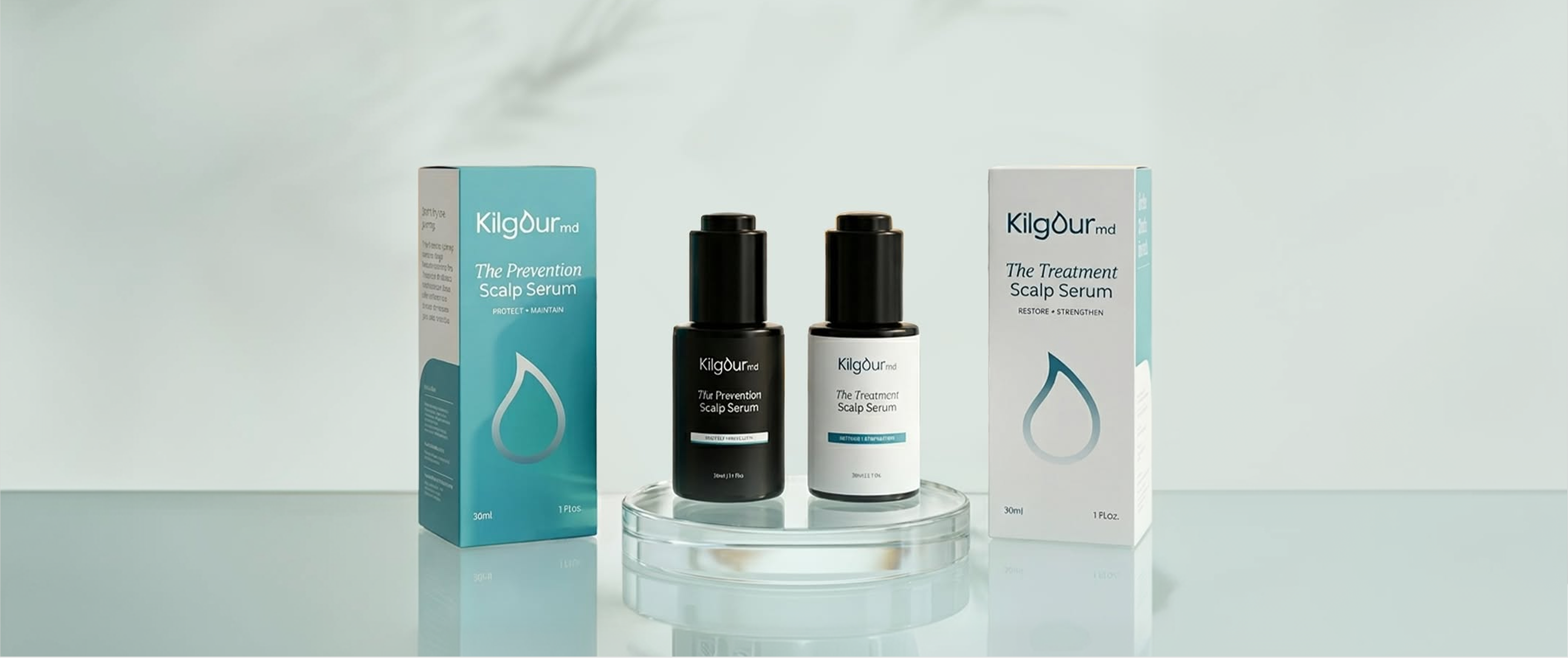 Front view of two KilgourMD scalp serum bottles (Prevention and Treatment) with their teal and white boxes on a glass pedestal against a pale green studio background