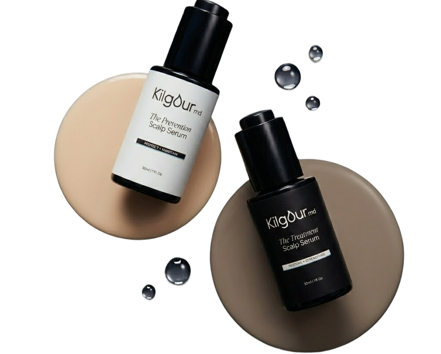 Angled flat lay of The Prevention Scalp Serum and The Treatment Scalp Serum showing pump bottles and labels on beige circular backdrops with water droplets