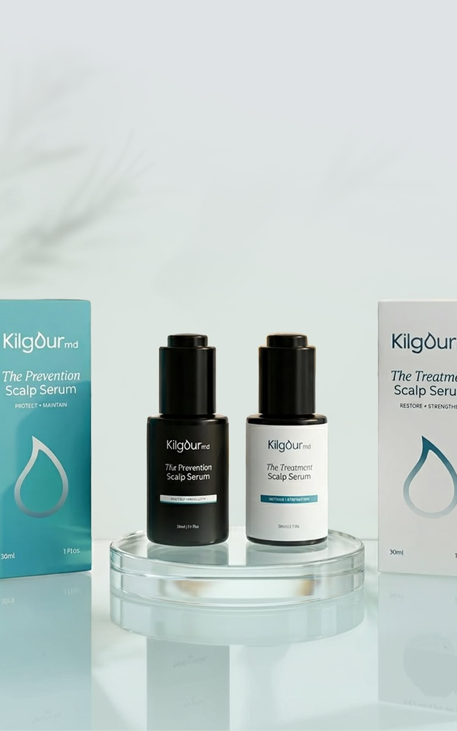Two KilgourMD scalp serums front view: Prevention (black) and Treatment (white) on clear glass pedestal, pale green backdrop