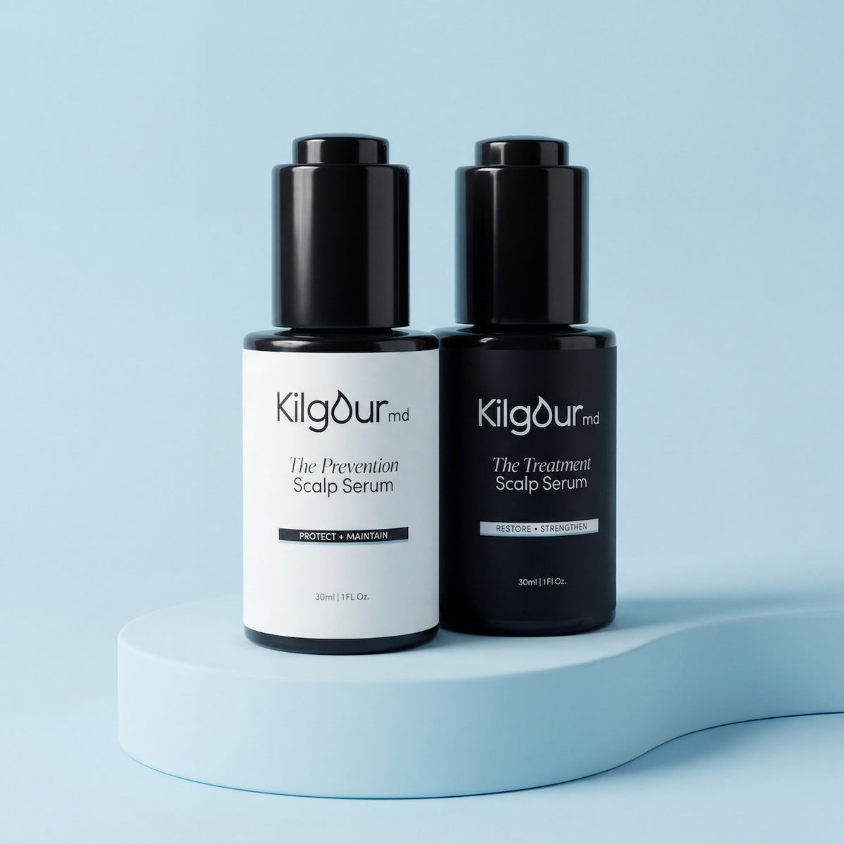 Front view of KilgourMD Prevention and Treatment Scalp Serums showcasing white and black bottles on a light blue pedestal