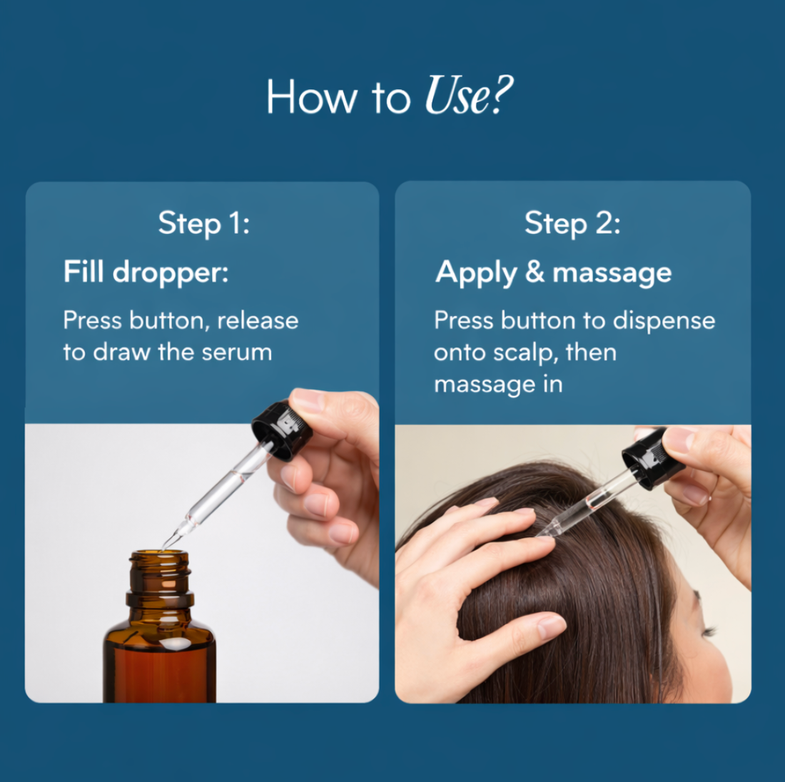 Instructional graphic showing 'How to Use': Step 1 fill dropper (press button, release to draw serum); Step 2 apply and massage onto scalp