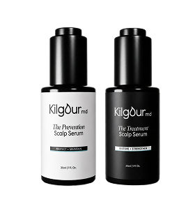 Front view of KilgourMD System, two serum bottles, Prevention and Treatment, on white background