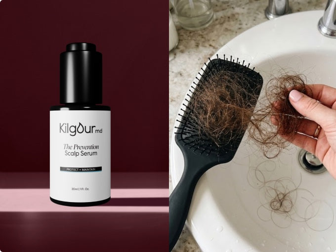 A bottle of The Prevention Scalp Serum sits beside a brush filled with shed hair at a bathroom sink