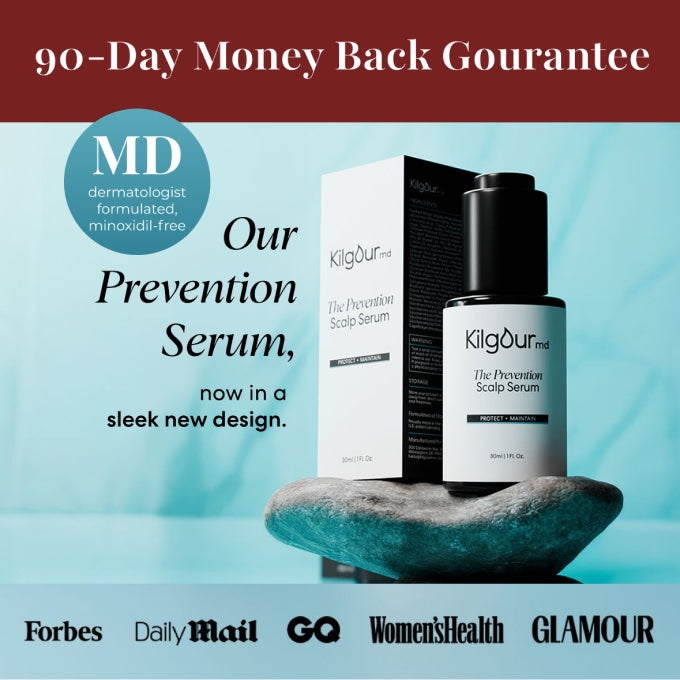 Front view of KilgourMD Prevention Scalp Serum bottle and box on a stone with sleek new design and 90 Day Money Back Guarantee