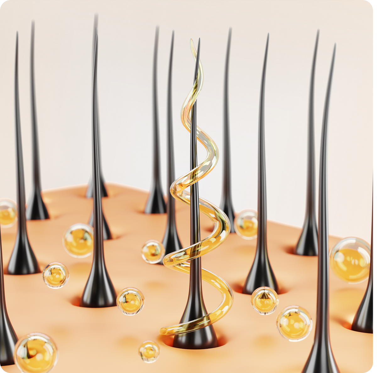 Close-up of hair follicles with a golden serum spiral wrapping a central hair shaft on a smooth peach-colored scalp