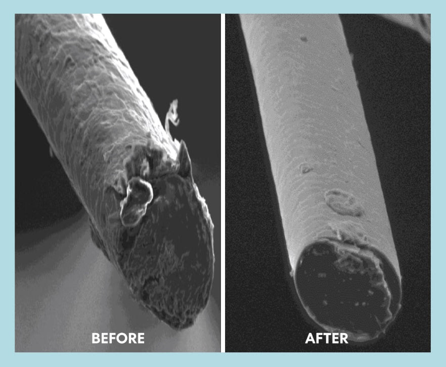 Side-by-side micrographs showing rough hair fiber surface BEFORE and smoother fiber AFTER Kerashaft V treatment