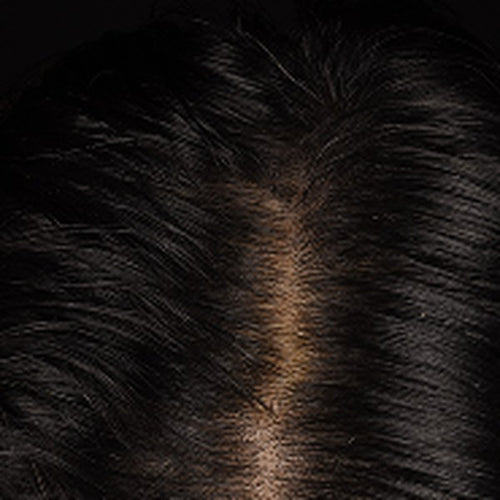 Top view of dark hair and scalp showing a central part in a Week 3 progress photo against a dark background