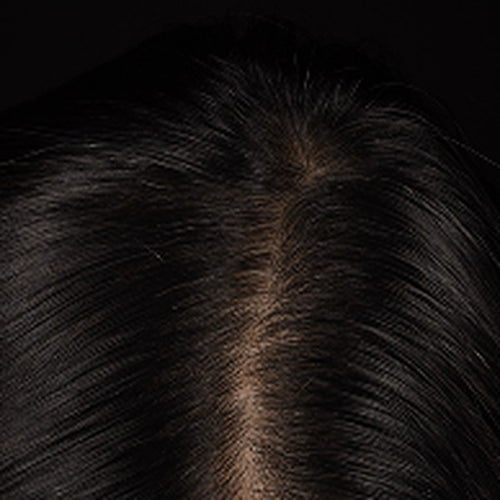 Week 4 progress photo showing dark hair parted at the crown with visible scalp