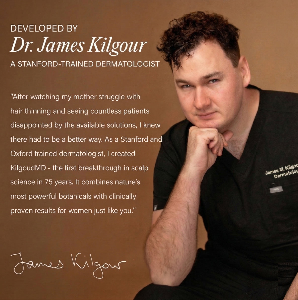 Text panel showing ‘Developed by Dr. James Kilgour, a Stanford-trained dermatologist’ with his portrait and founder quote
