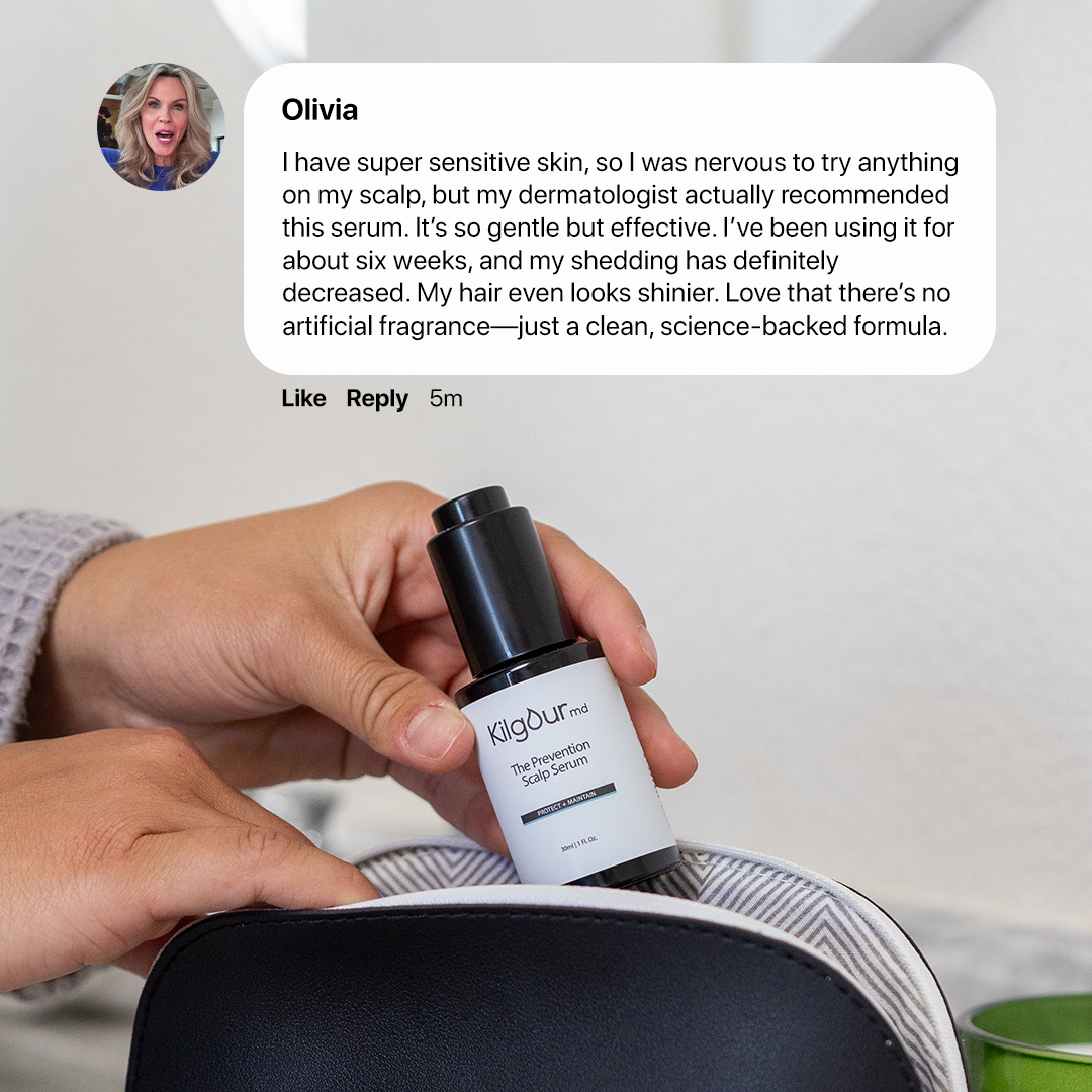 Hand placing KilgourMD scalp serum into a travel case with testimonial from Olivia about gentleness and less shedding