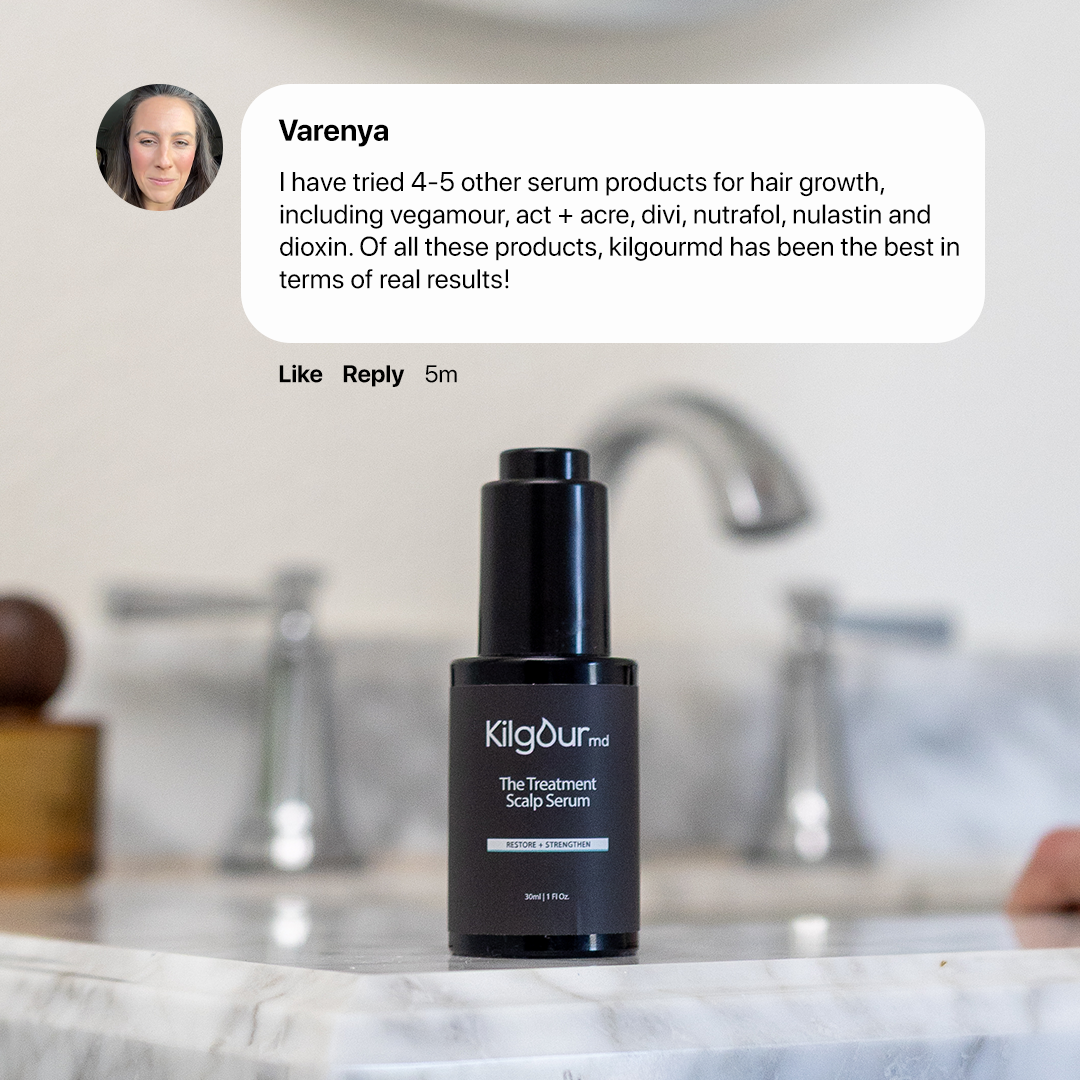 Front view of KilgourMD Prevention Serum bottle showcasing pump dispenser and label with blurred sink and testimonial overlay